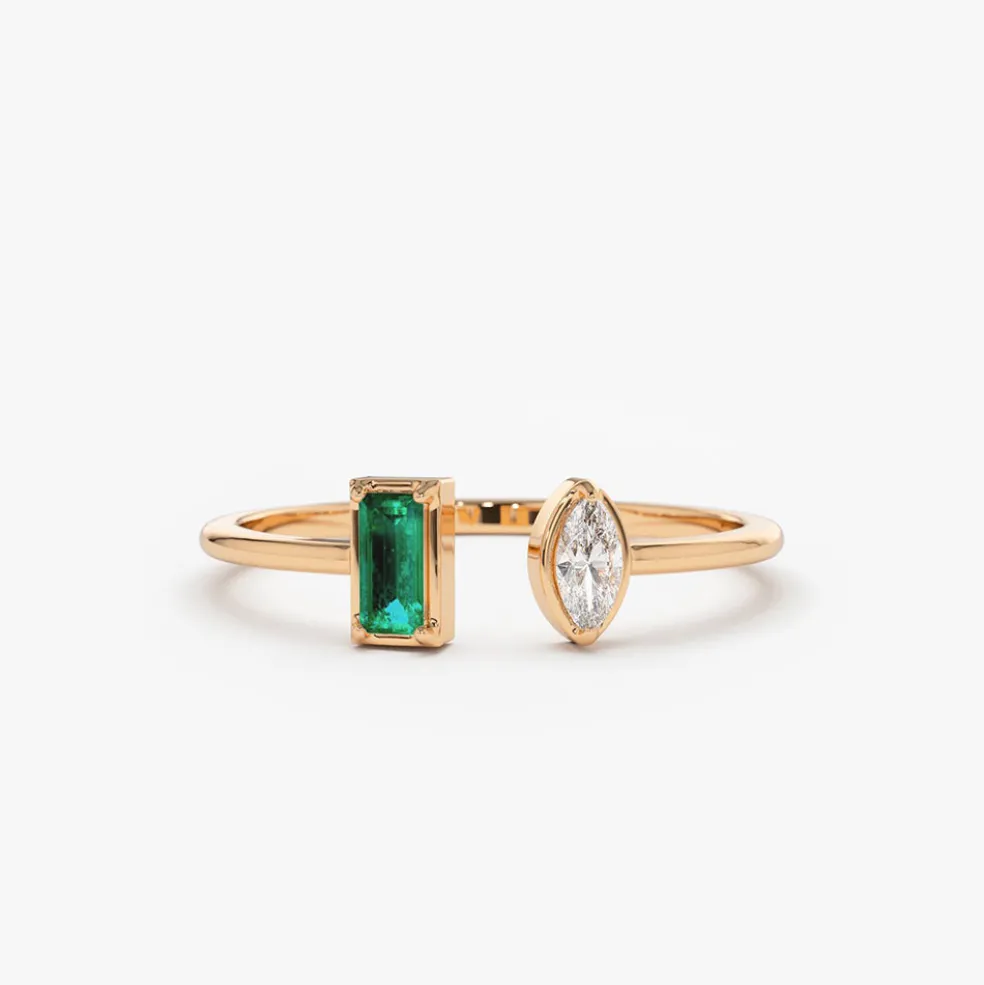 14K Gold Emerald and Diamond Cuff Ring