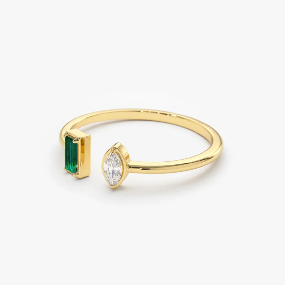 14K Gold Emerald and Diamond Cuff Ring