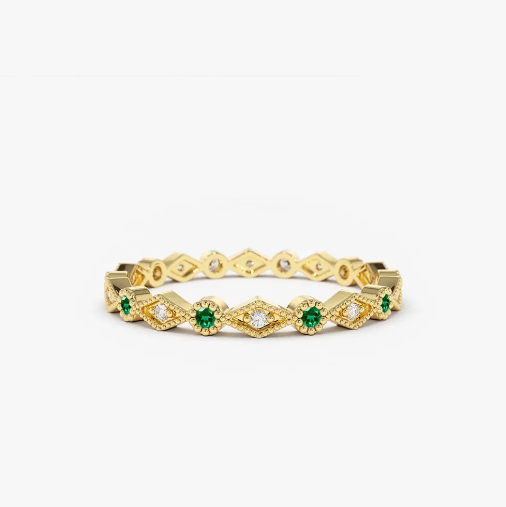 14k Gold Emerald Art Deco Wedding Band