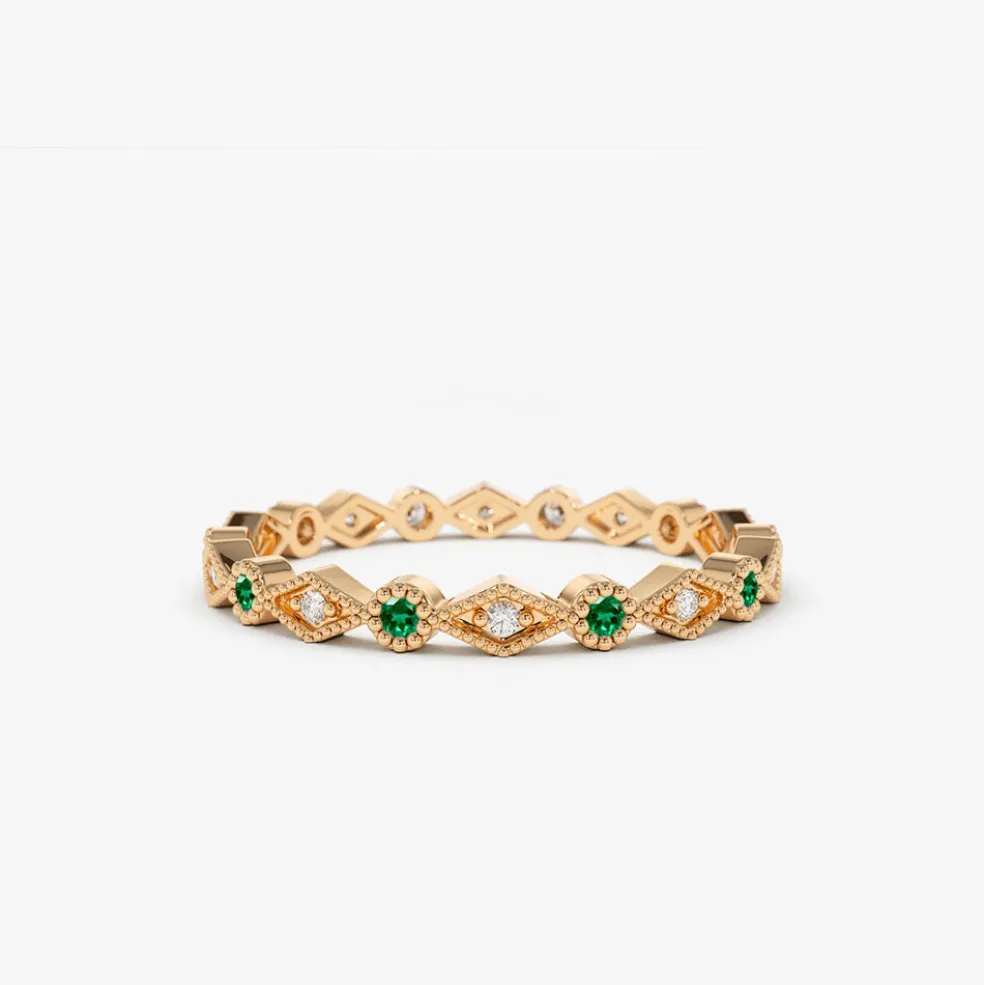 14k Gold Emerald Art Deco Wedding Band