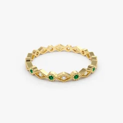 14k Gold Emerald Art Deco Wedding Band