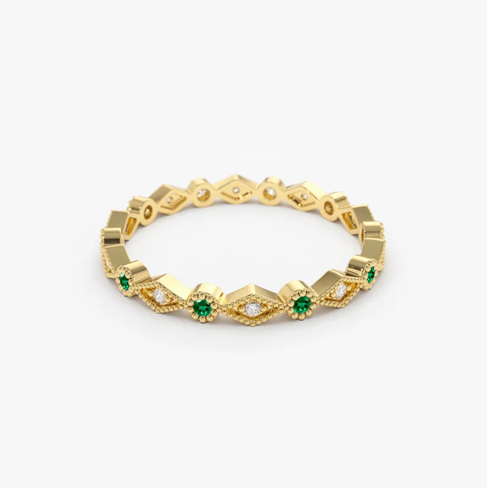 14k Gold Emerald Art Deco Wedding Band