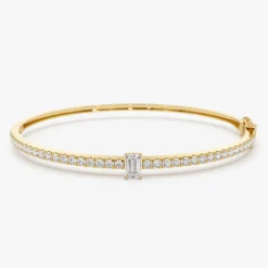 14k Gold Emerald Cut and Round Diamond Bangle
