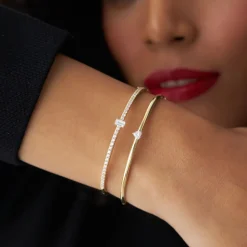14k Gold Emerald Cut and Round Diamond Bangle