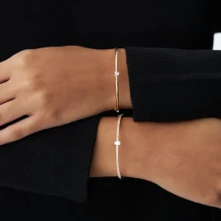 14k Gold Emerald Cut and Round Diamond Bangle