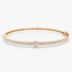 14k Gold Emerald Cut and Round Diamond Bangle
