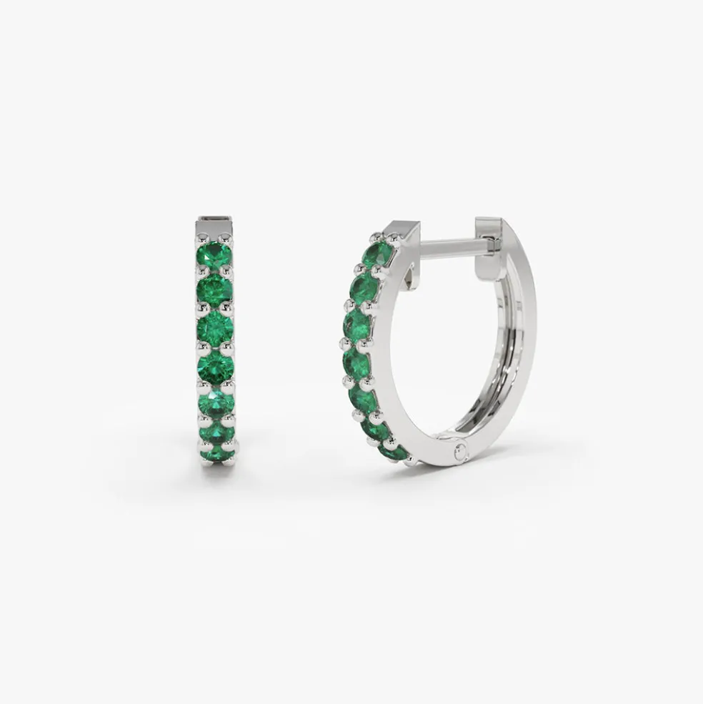 14K Gold Emerald Huggie Hoop Earrings