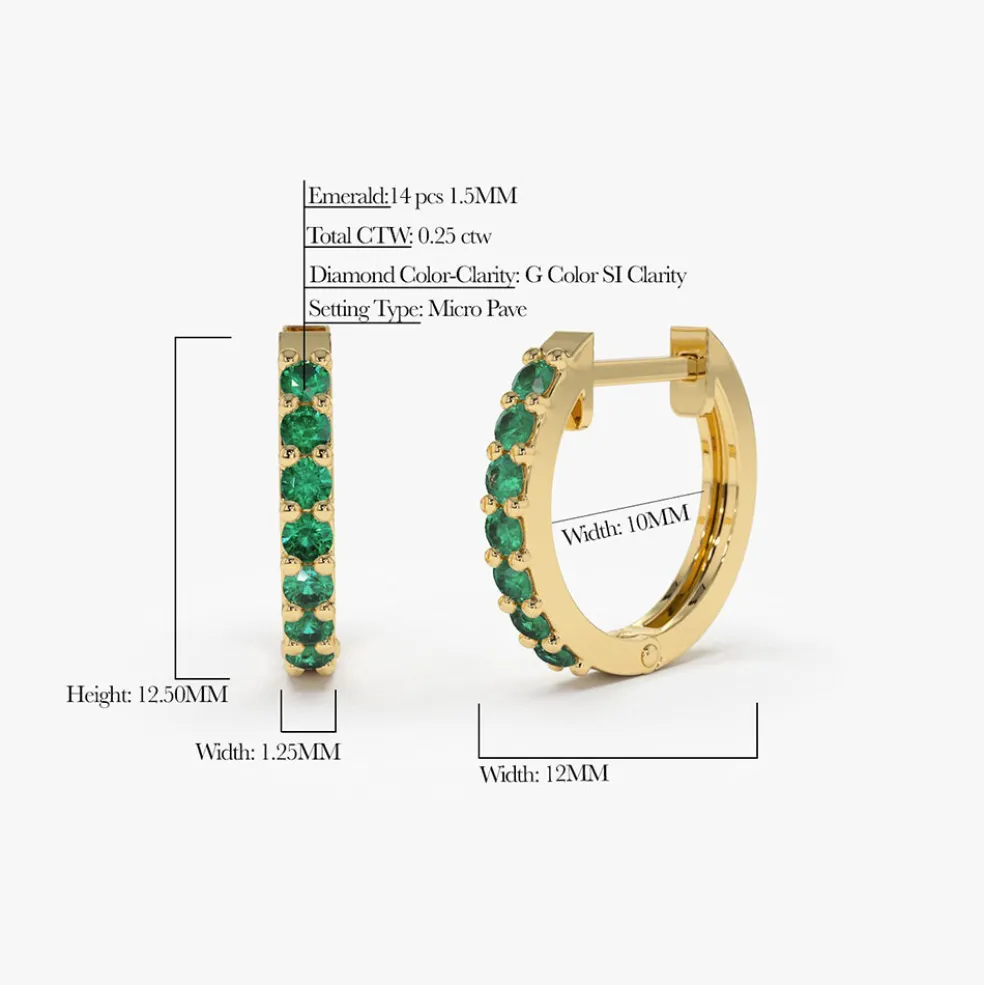 14K Gold Emerald Huggie Hoop Earrings