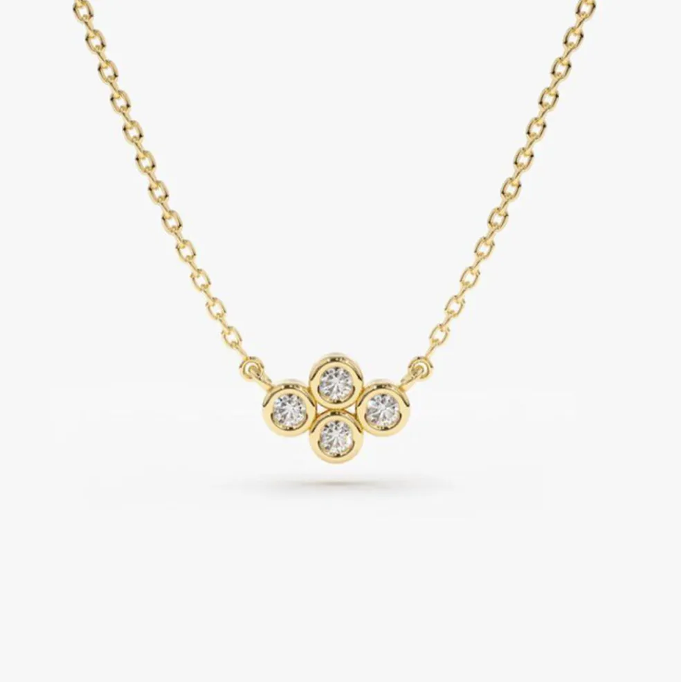 14K Gold Four Stone Diamond Cluster Necklace