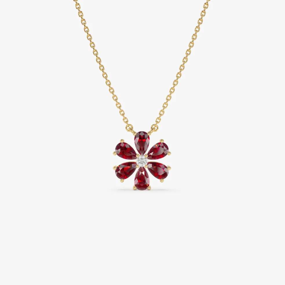 14K Gold Garnet Flower Necklace