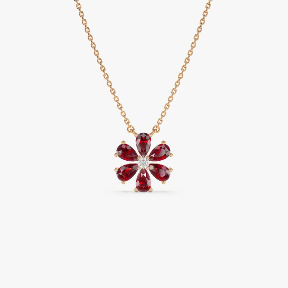 14K Gold Garnet Flower Necklace