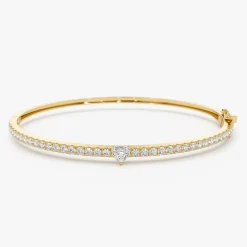 14k Gold Heart Shaped and Round Diamond Bangle