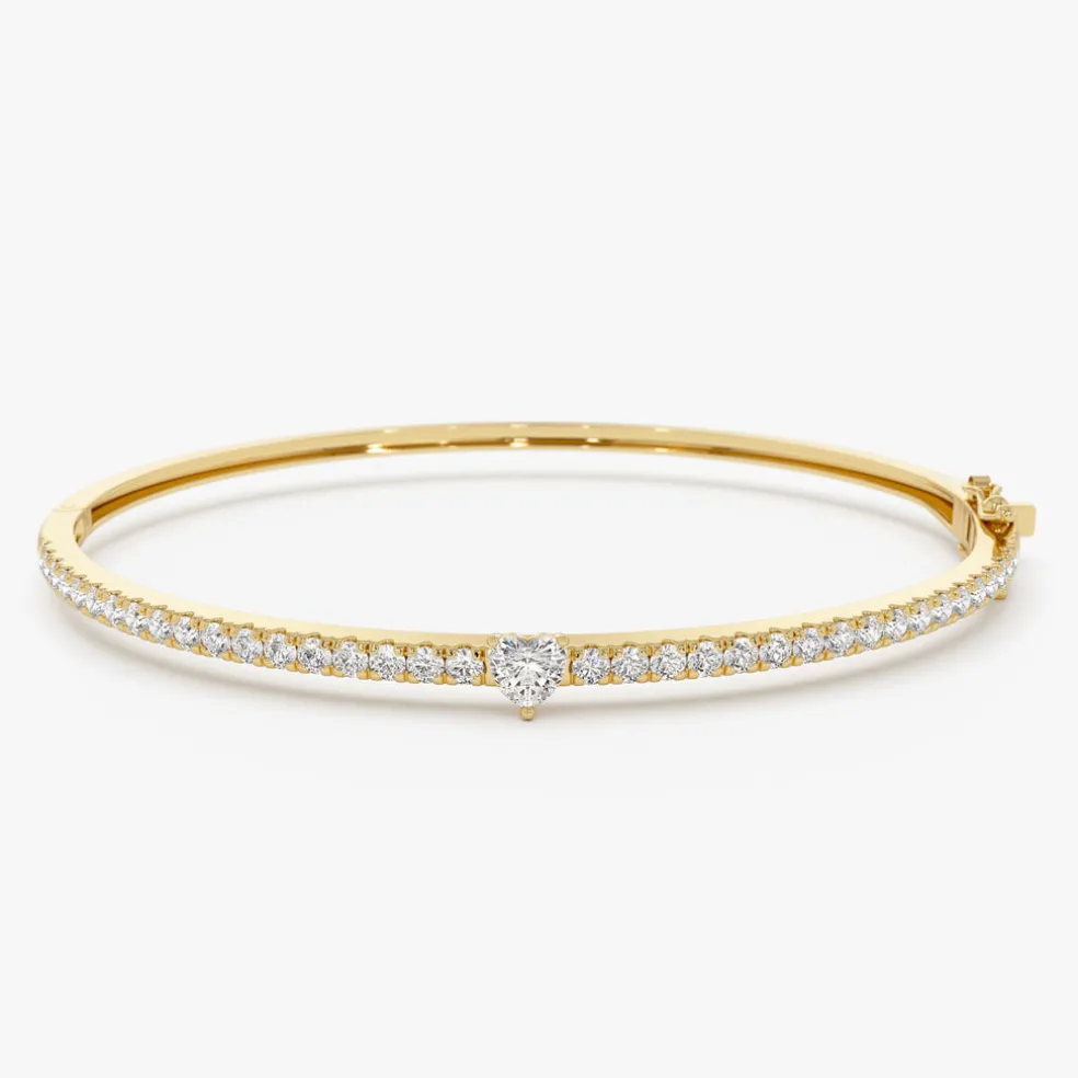 14k Gold Heart Shaped and Round Diamond Bangle