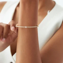 14k Gold Heart Shaped and Round Diamond Bangle