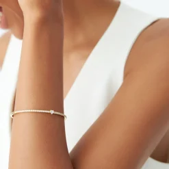 14k Gold Heart Shaped and Round Diamond Bangle