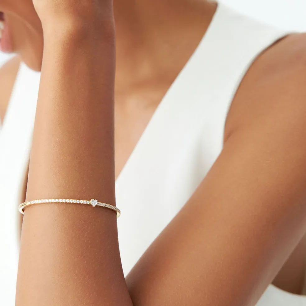 14k Gold Heart Shaped and Round Diamond Bangle
