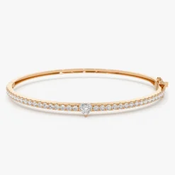 14k Gold Heart Shaped and Round Diamond Bangle