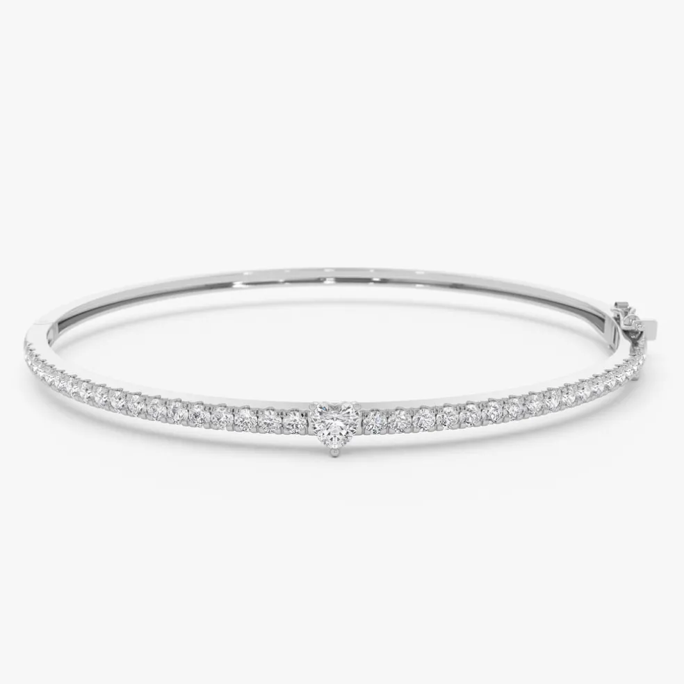 14k Gold Heart Shaped and Round Diamond Bangle