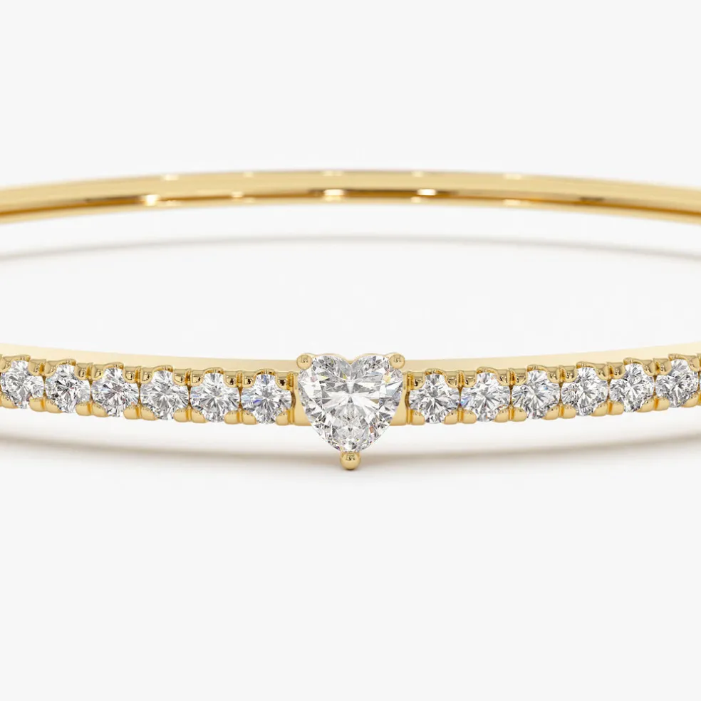 14k Gold Heart Shaped and Round Diamond Bangle