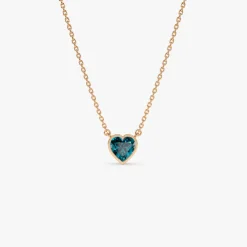 14K Gold Heart Shaped London Blue Topaz Layering Necklace