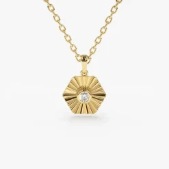 14K Gold Hexagon Diamond Disc Ray Necklace