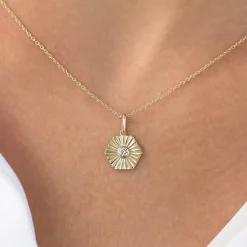 14K Gold Hexagon Diamond Disc Ray Necklace