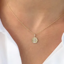 14K Gold Hexagon Diamond Disc Ray Necklace