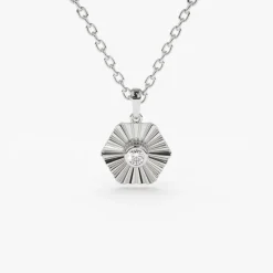 14K Gold Hexagon Diamond Disc Ray Necklace