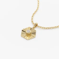 14K Gold Hexagon Diamond Disc Ray Necklace