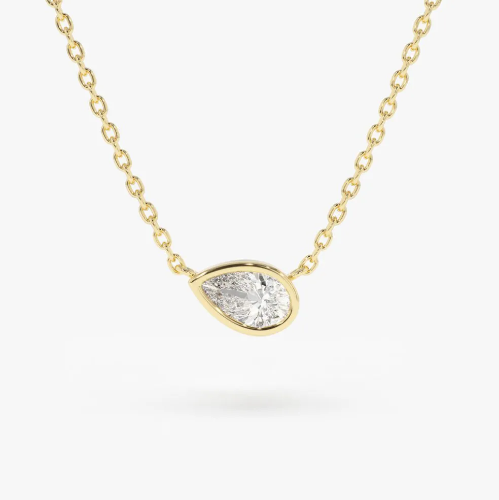 14K Gold Horizontal Pear Shape Diamond Solitaire Necklace