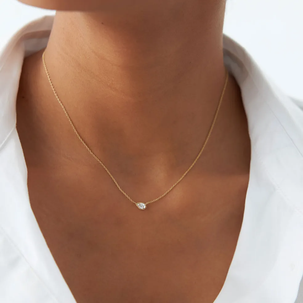 14K Gold Horizontal Pear Shape Diamond Solitaire Necklace
