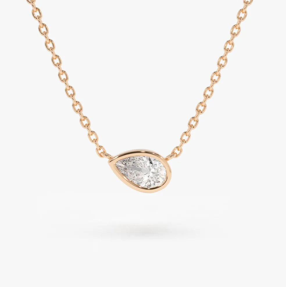 14K Gold Horizontal Pear Shape Diamond Solitaire Necklace