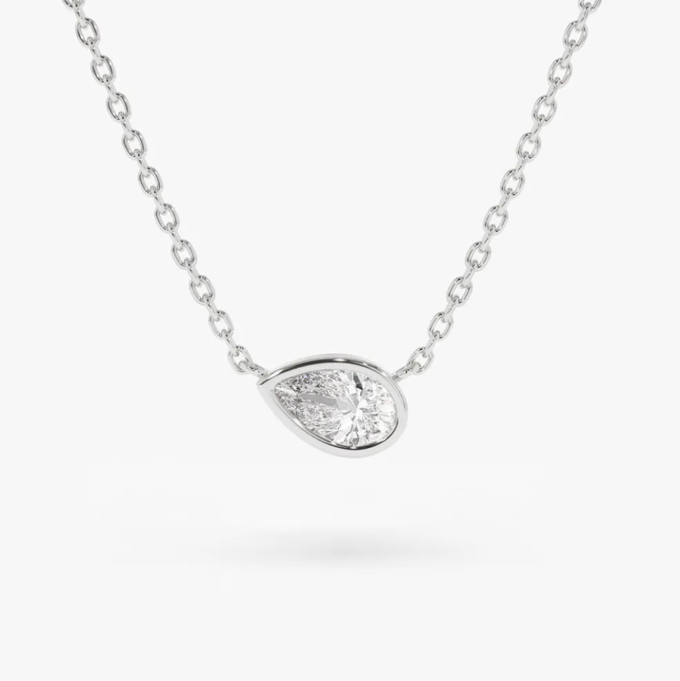 14K Gold Horizontal Pear Shape Diamond Solitaire Necklace
