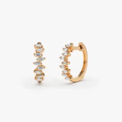 14K Gold Horizontal Set Mini Baguette Diamond Huggie