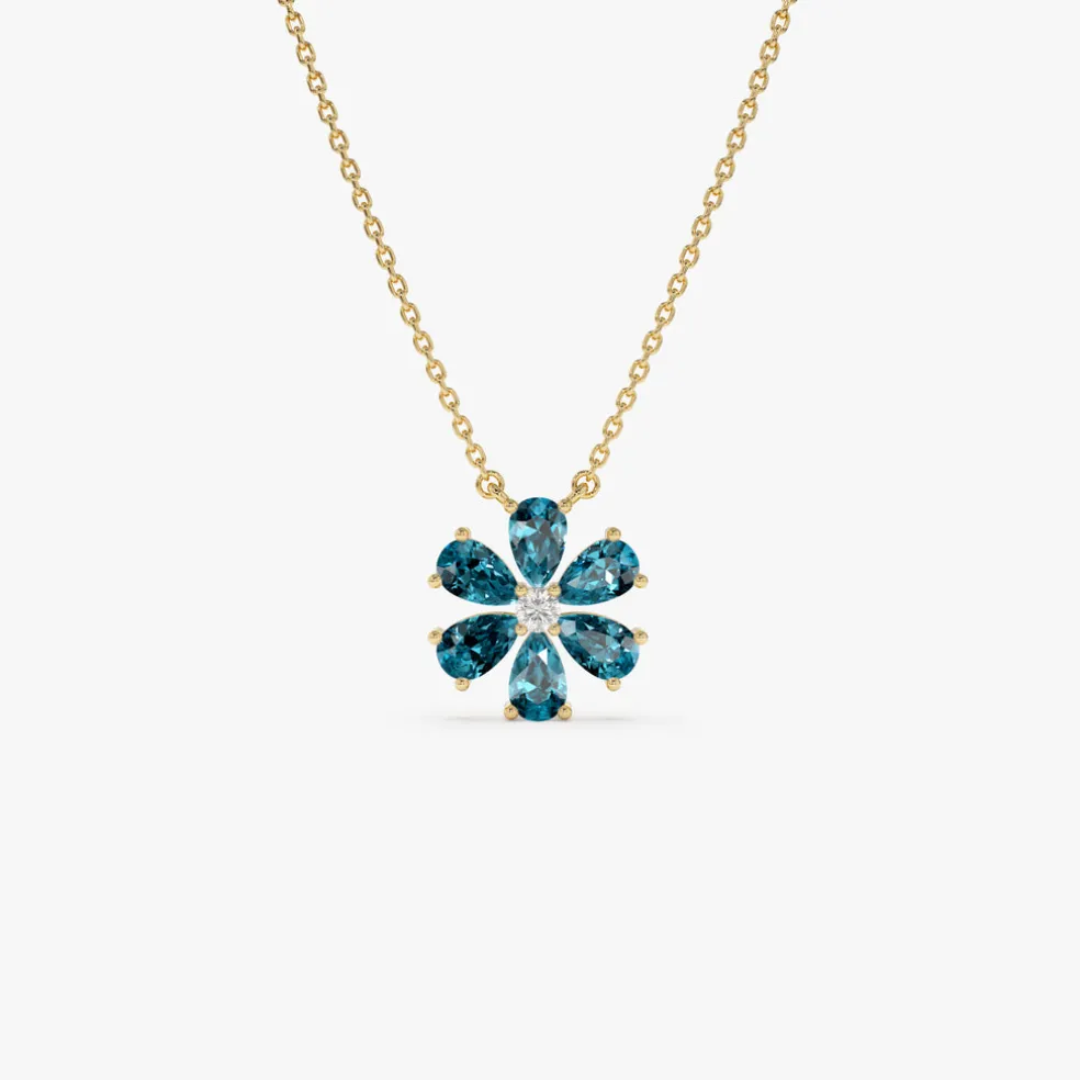 14K Gold London Blue Topaz Flower Necklace