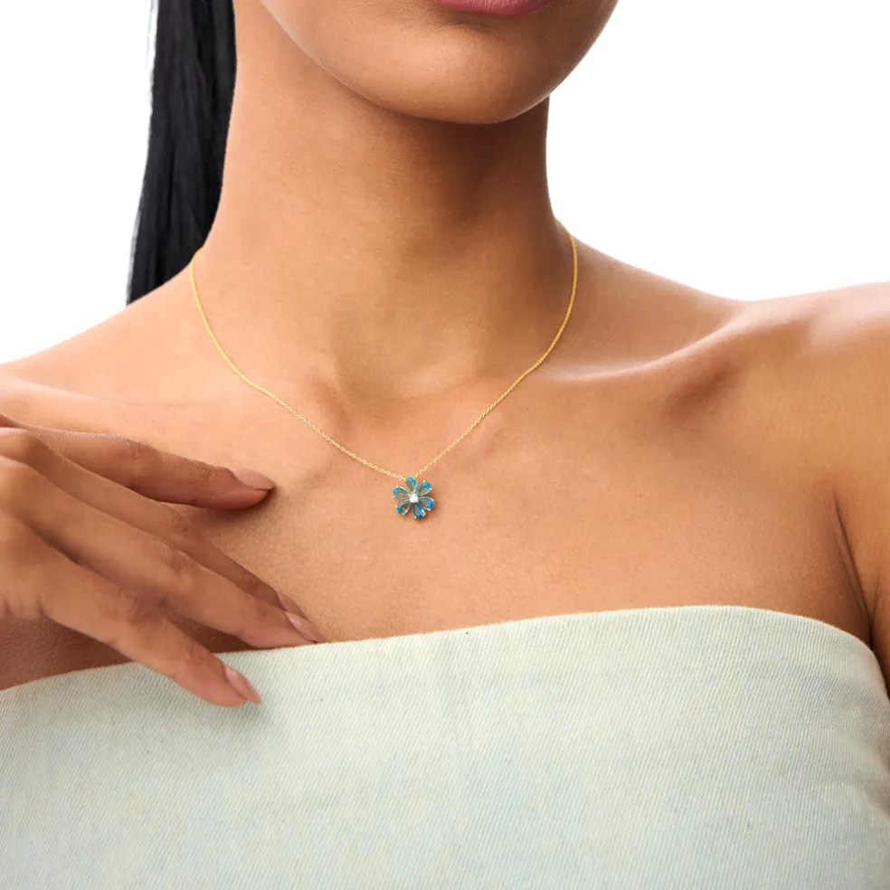 14K Gold London Blue Topaz Flower Necklace