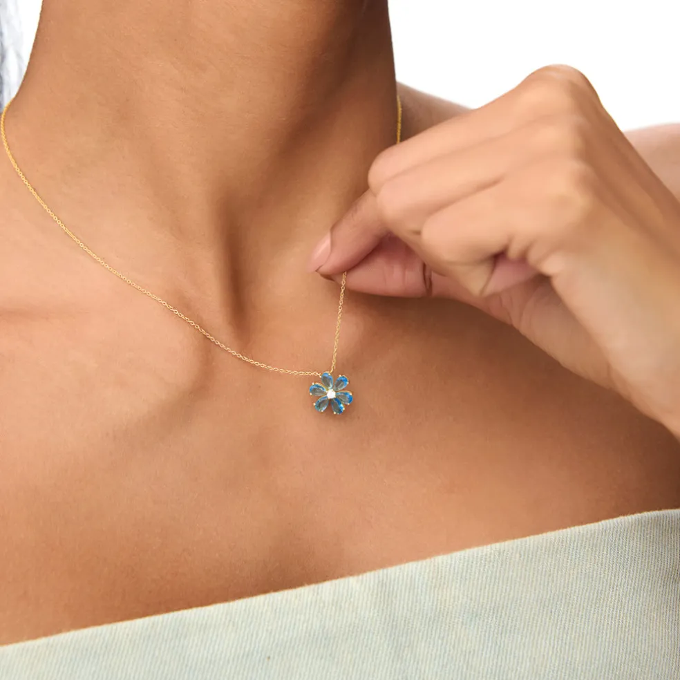 14K Gold London Blue Topaz Flower Necklace
