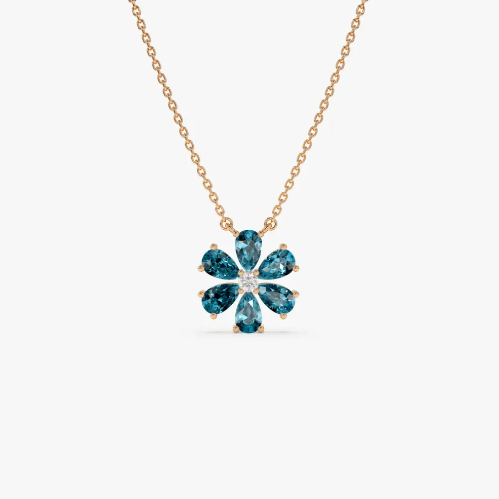 14K Gold London Blue Topaz Flower Necklace