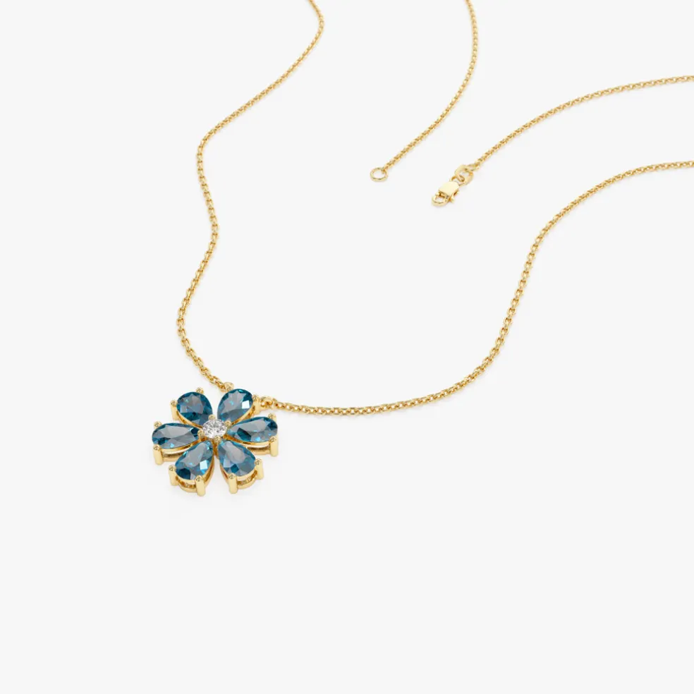 14K Gold London Blue Topaz Flower Necklace
