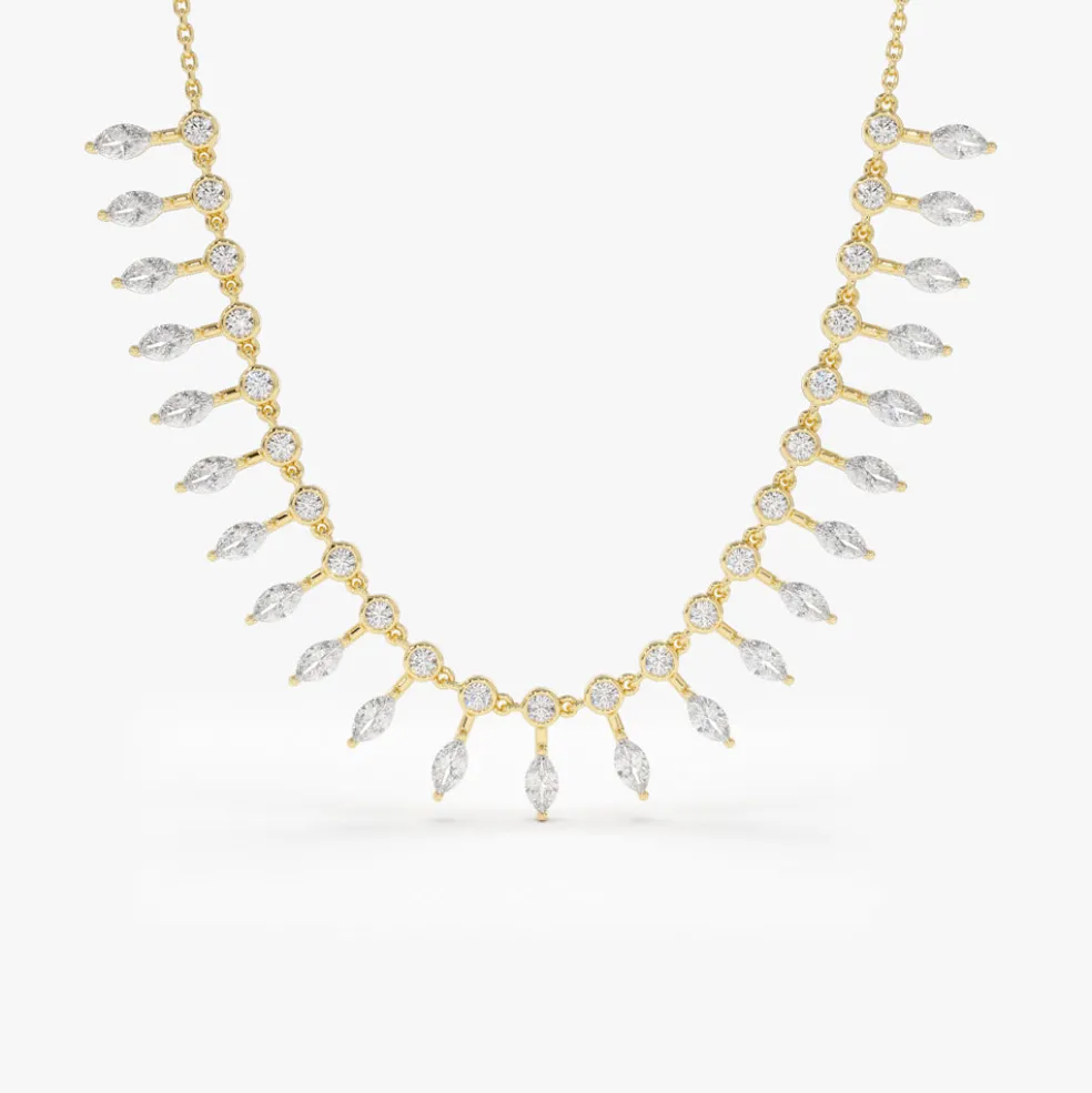 14k Gold Marquise and Round Diamonds Statement Piece Necklace