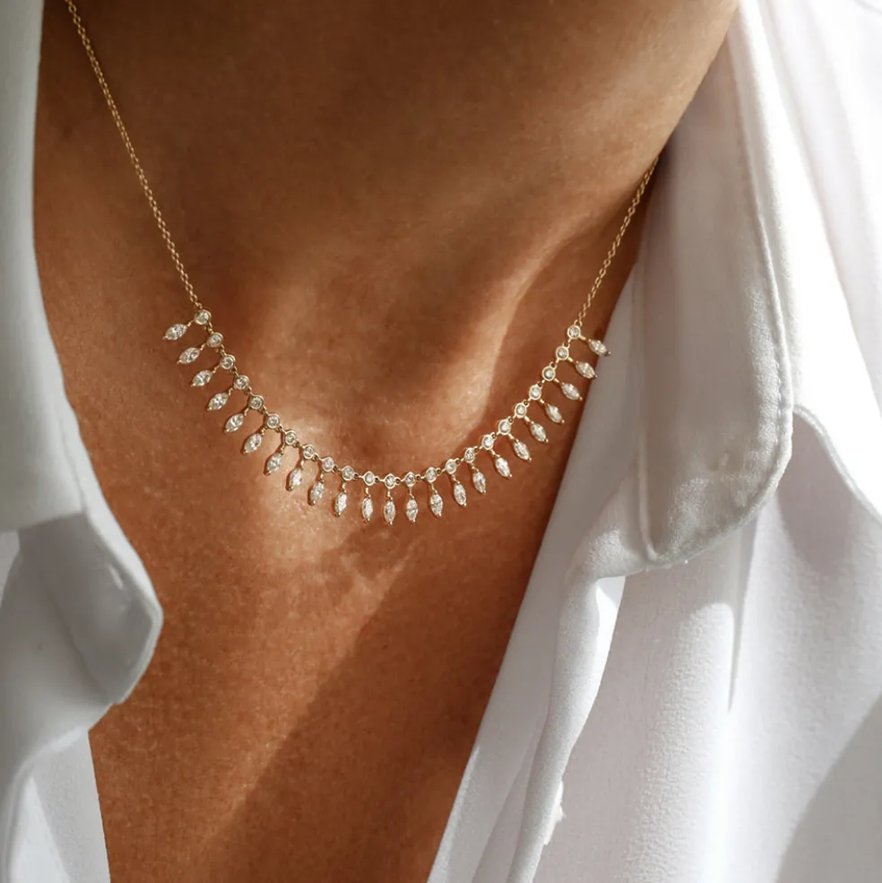 14k Gold Marquise and Round Diamonds Statement Piece Necklace