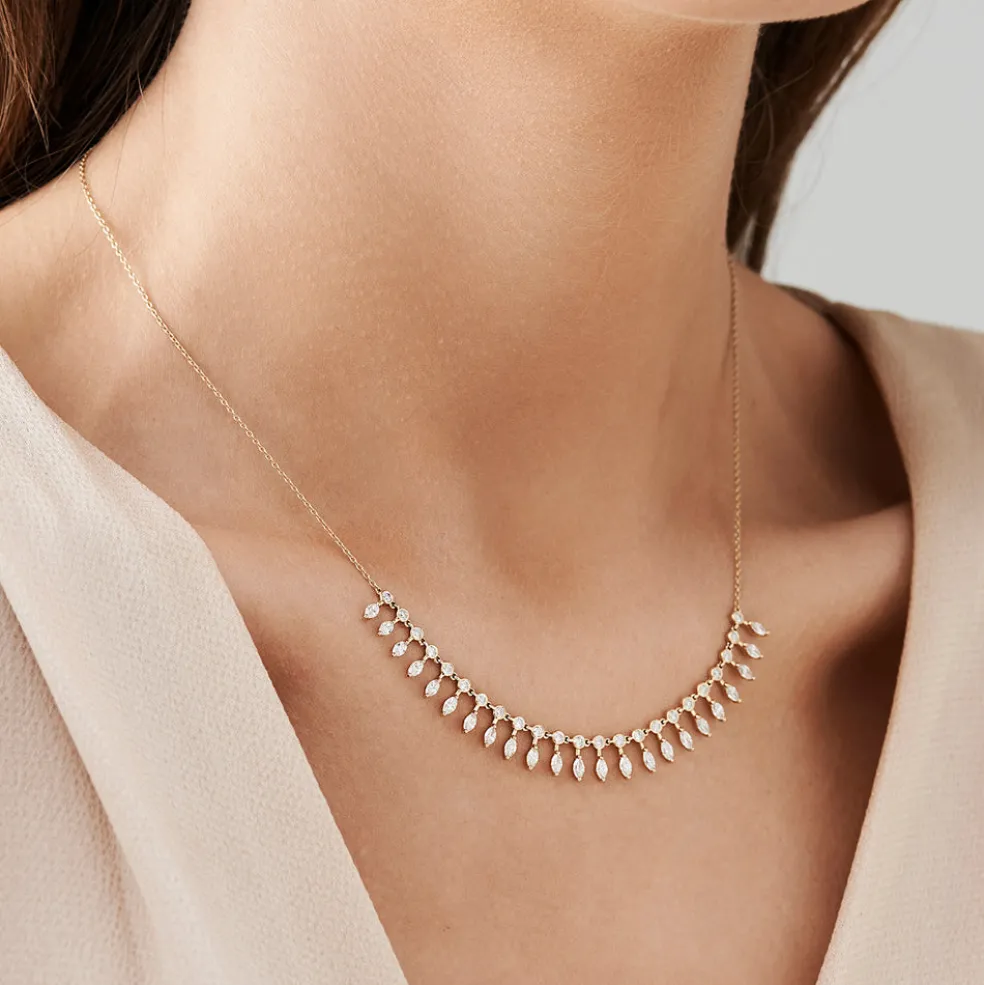 14k Gold Marquise and Round Diamonds Statement Piece Necklace