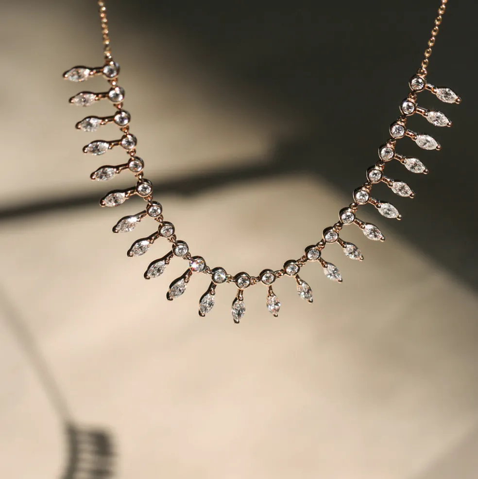 14k Gold Marquise and Round Diamonds Statement Piece Necklace