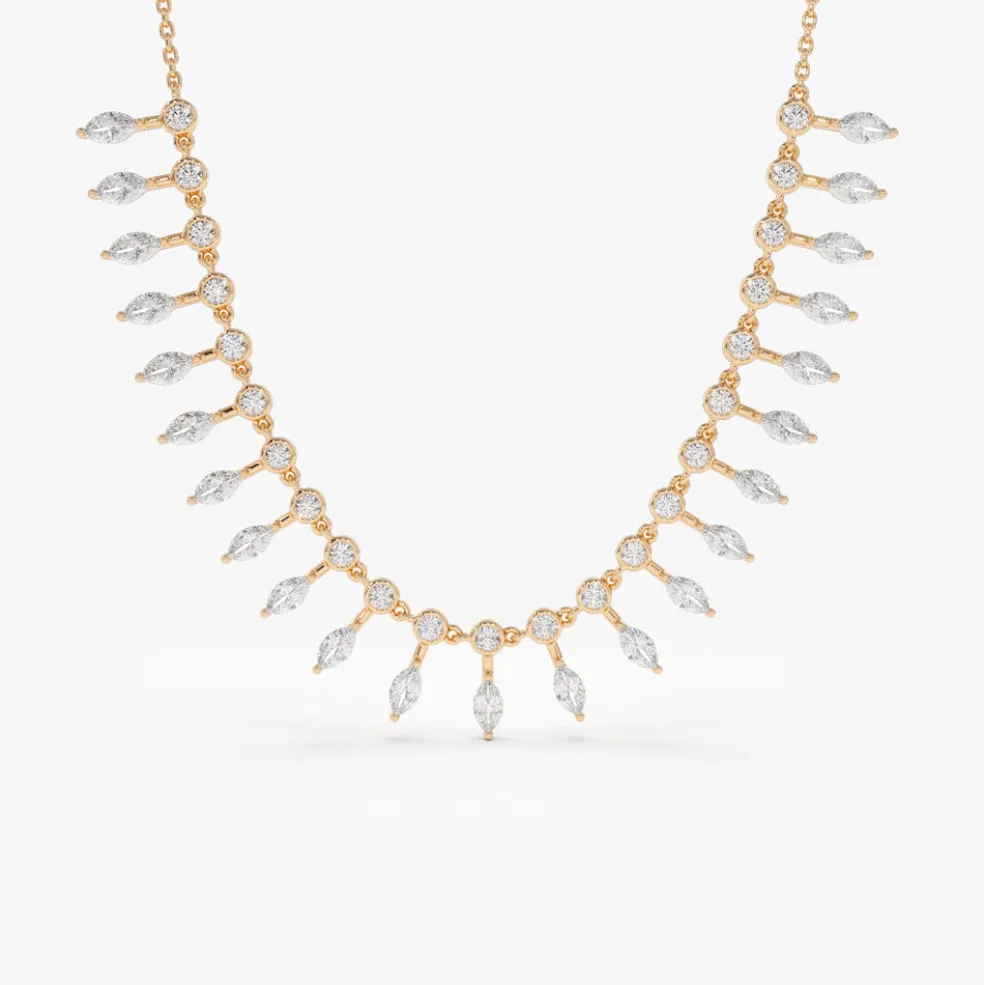 14k Gold Marquise and Round Diamonds Statement Piece Necklace