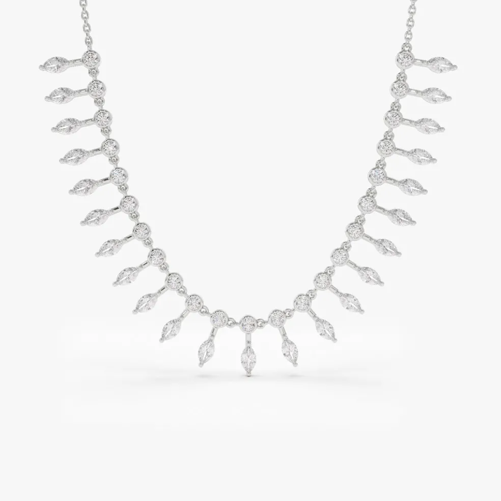 14k Gold Marquise and Round Diamonds Statement Piece Necklace
