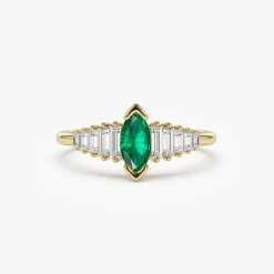 14k Gold Marquise Shape Emerald Ring with Baguette Accents
