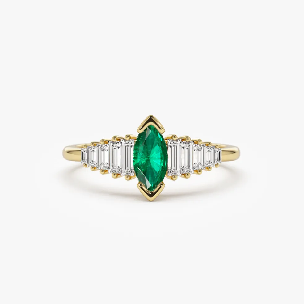 14k Gold Marquise Shape Emerald Ring with Baguette Accents