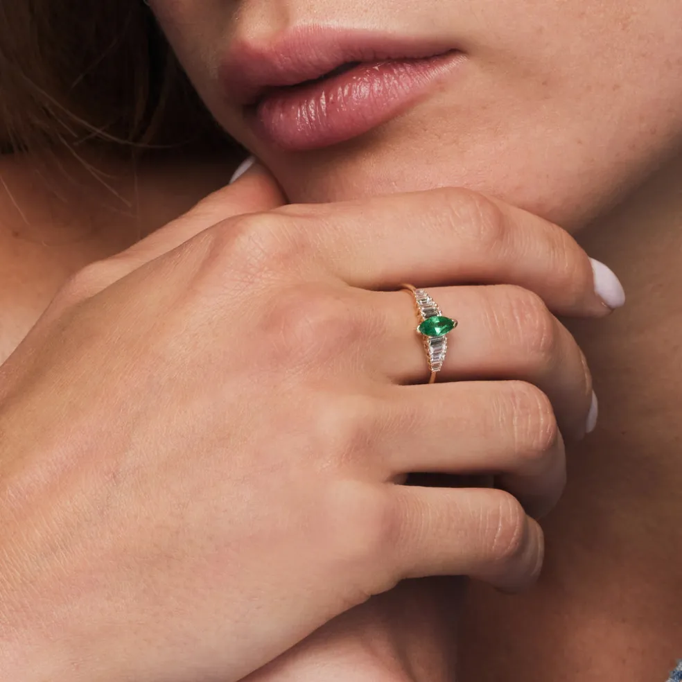 14k Gold Marquise Shape Emerald Ring with Baguette Accents
