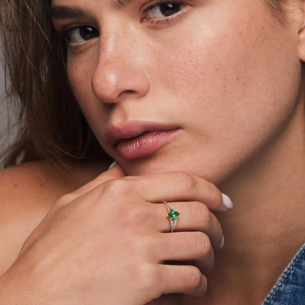 14k Gold Marquise Shape Emerald Ring with Baguette Accents