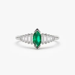 14k Gold Marquise Shape Emerald Ring with Baguette Accents